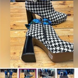 Betsey Johnson Black & White Houndstooth Ankle Boots with Blue Floral Accent